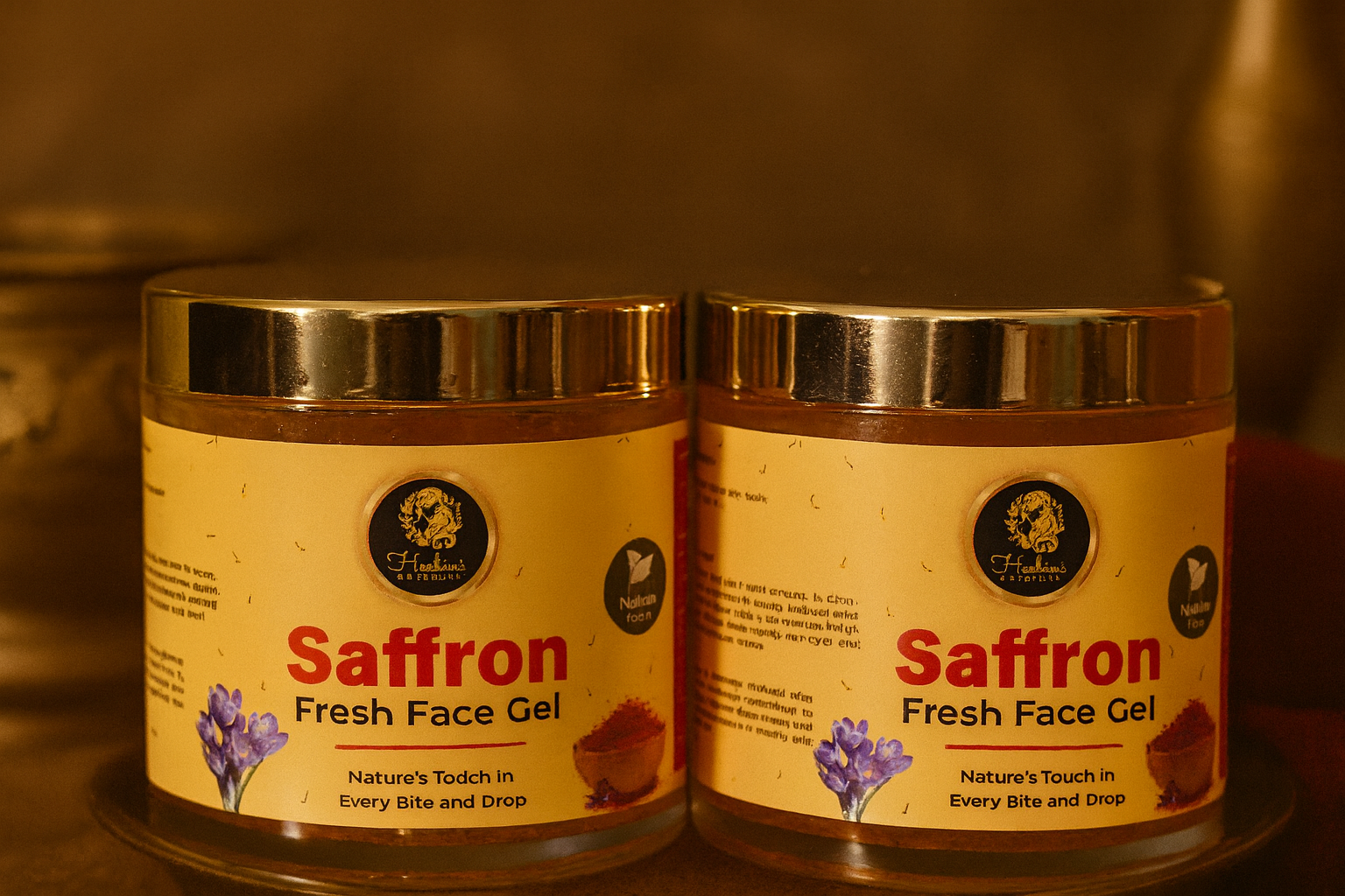 Saffron face gel in cosmetic container with rich saffron extract